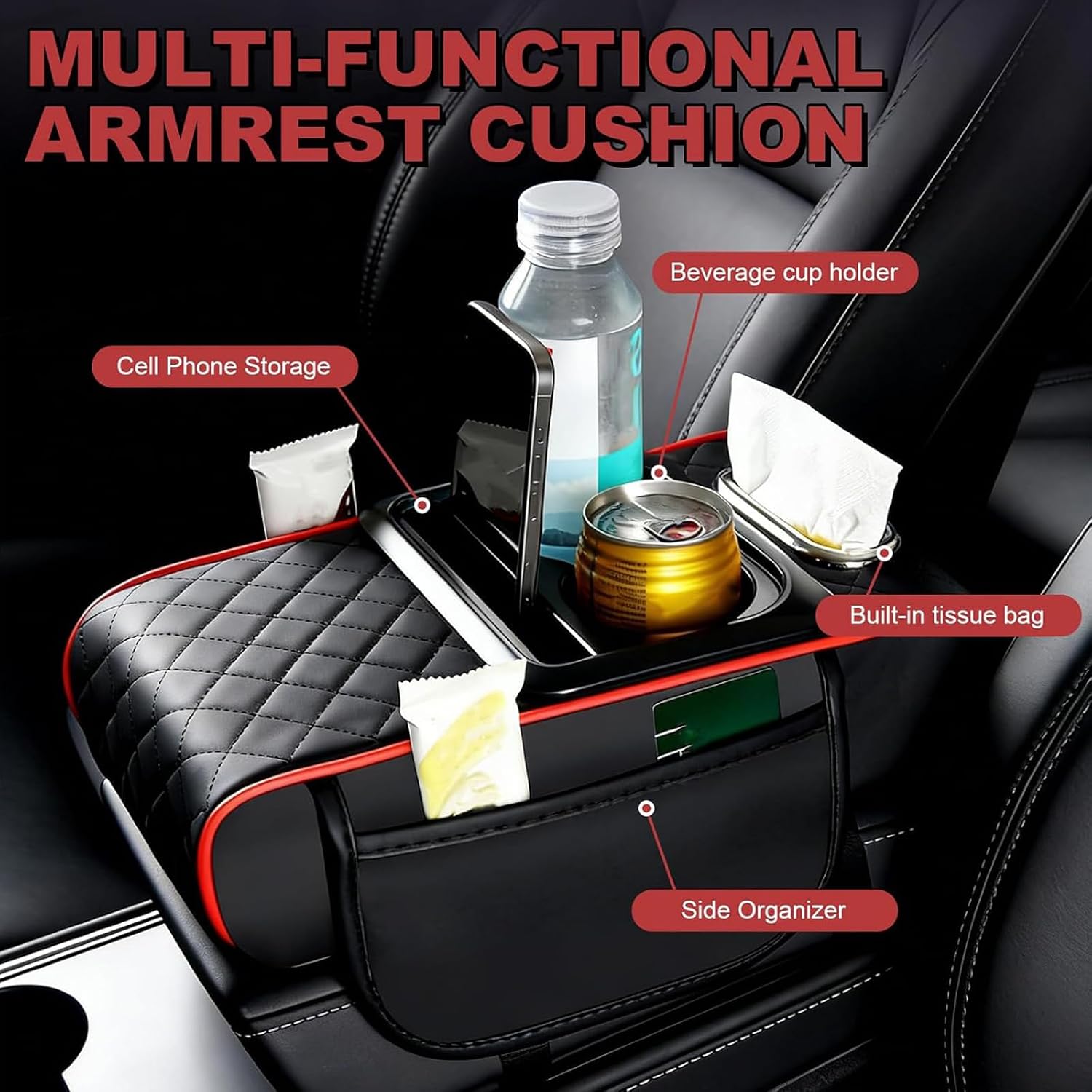 Multifunctional PU Leather Car Armrest Cover, Universal Center Console Organizer with Storage Box, Cup Holder, Phone Holder & Tissue Slot, Interior Car Accessories Armrest Mat for Cars