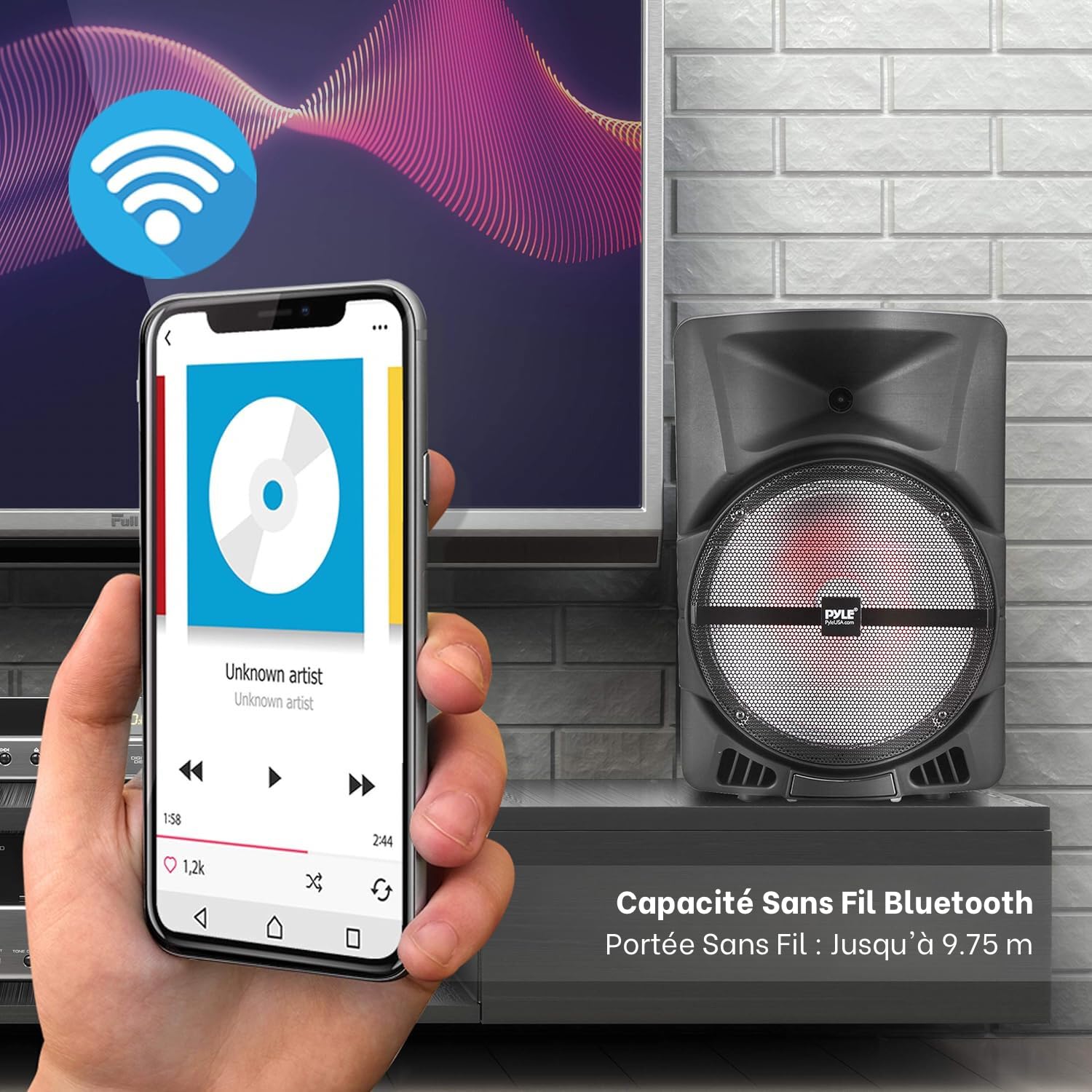Pyle Enceinte Bluetooth Puissante- Haut Parleur Portable 1200 W sans Fil- Son stéréo DJ intérieur/extérieur,Bluetooth, USB, MP3, entrée AUX 3,5 mm, lumières de fête Clignotantes et Radio FM