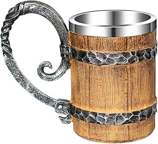 OTARTU Chope à bière vintage en bois imitant le style viking médiéval rétro en acier inoxydable, 500 ml, cadeau unique