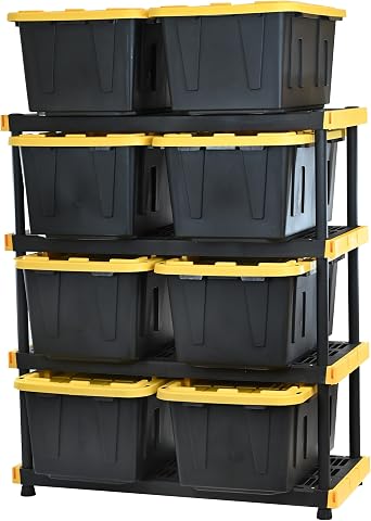 CX Black & Yellow 4-Tier Heavy Duty Storage Shelves and 8 Heavy Duty Storage Bin