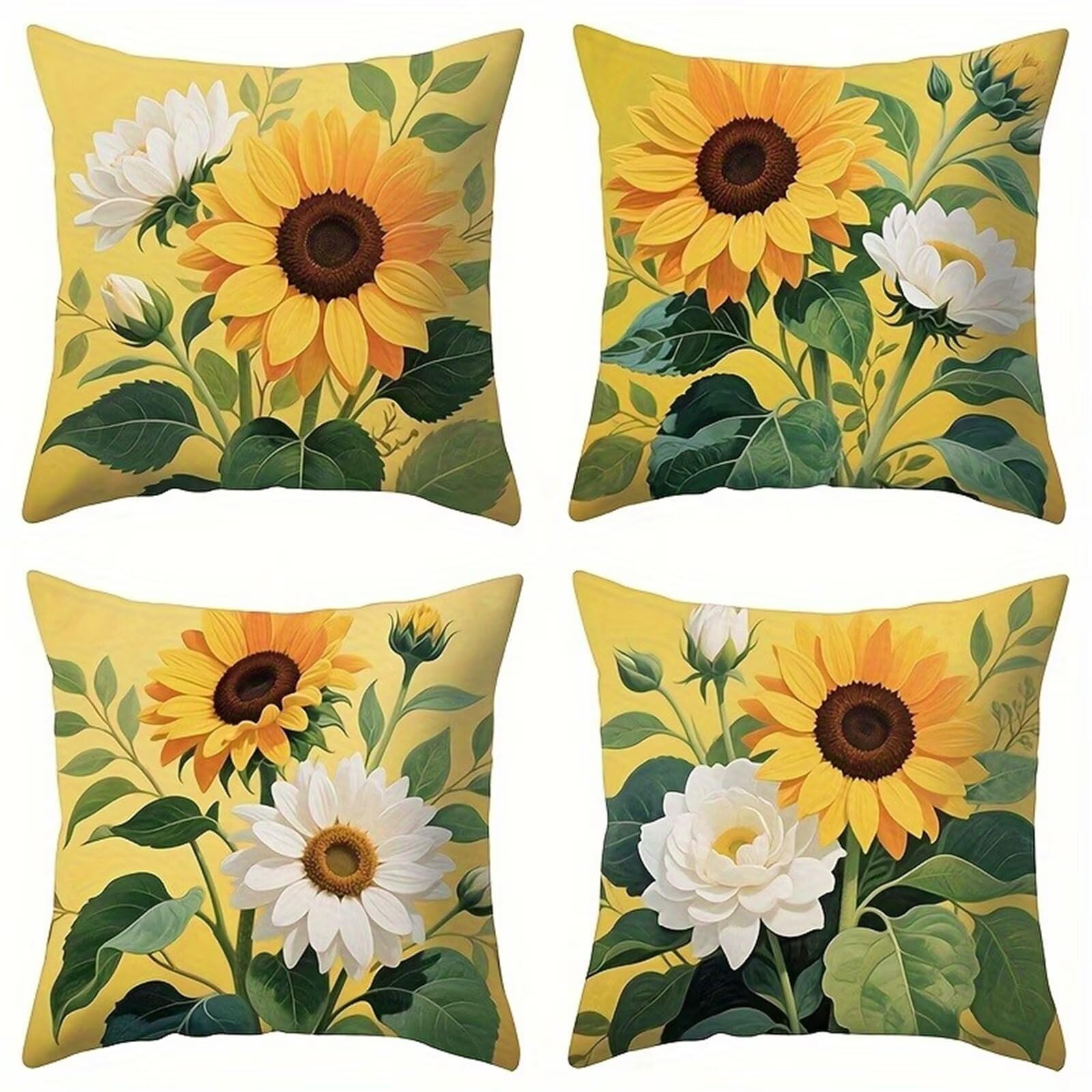 Set of 4 Decorative Linen Cushion Covers 60x60 cm, Modern White Yellow Sunflowers Square Throw Pillow Cases with Invisible Zipper, Breathable Pillowcases for Sofa Couch Living Room Bedroom Garden