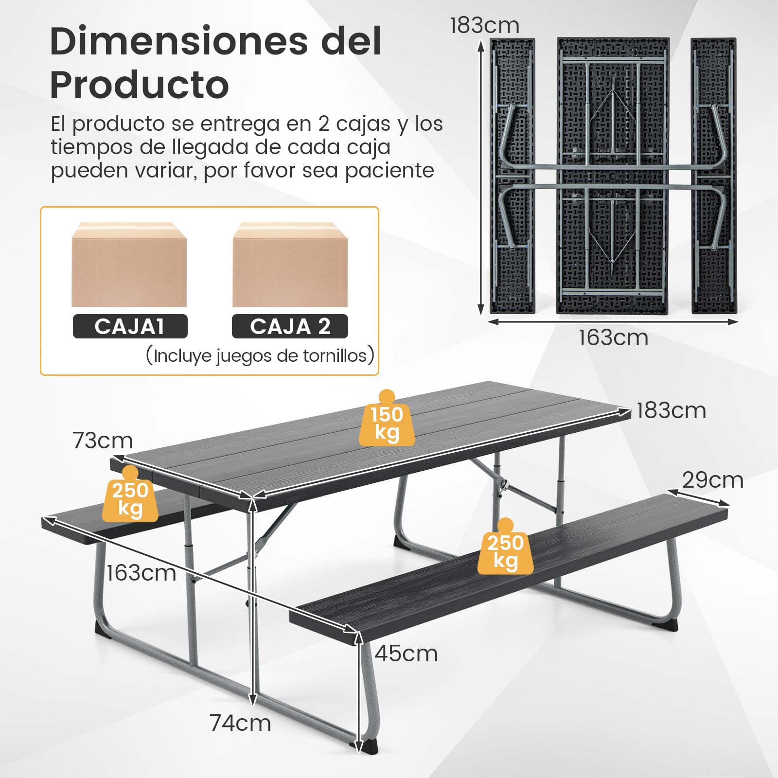 COSTWAY Conjunto de Mesa de Camping con 2 Bancos Plegable, Mesa de Picnic de HEPE para 8 Personas, Orificio para Sombrilla, Mesa y Sillas Jardin Patio Terraza (Negro)