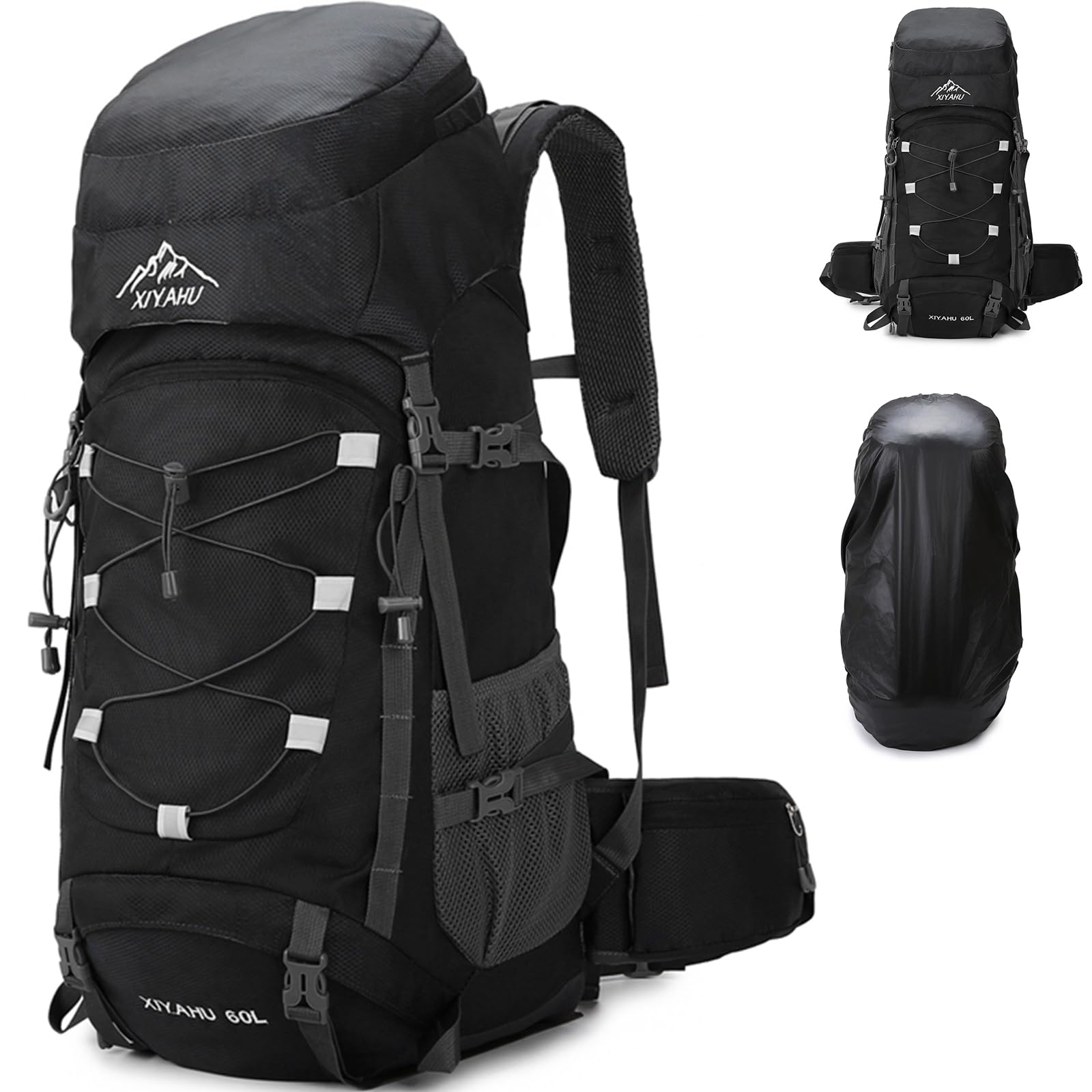 Lawaia Unisex Black 60L Hiking Backpack For Travelling Large Camping Rucksack For Men Women Outdoors Fitness Lightweight With Rain Cover Waterproof Walking Trekking Climbing Fishing Bag