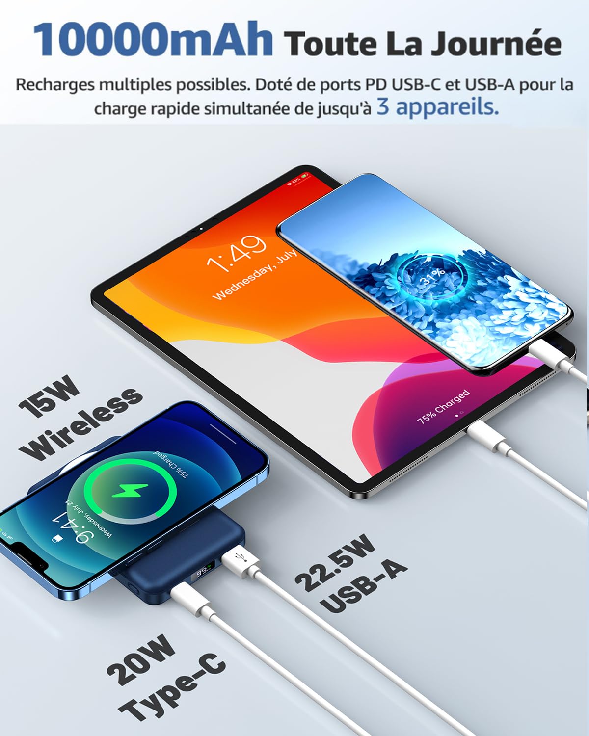 Azmuth Batterie Externe Magnétique Compatible avec MagSafe, 10000mAh Chargeur Portable sans Fil Power Bank Rapide 20W PD USB-C, avec Support & Affichage LED, pour iPhone 17/16/15/14/13/12 Série, Bleu