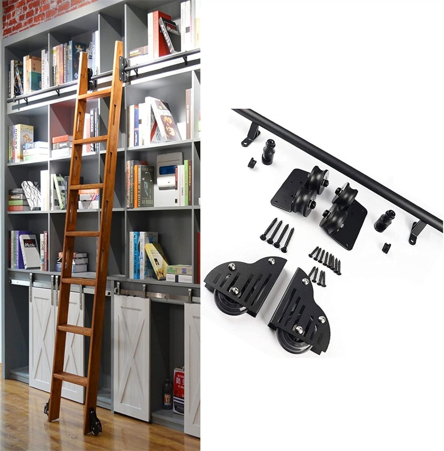 Retractable Rolling Ladder Library Sliding Ladder Hardware Kit，Black Steel Round Tube Complete Set of Hardware for Sliding Ladder Bookshelf Hanging Rail + Extension Rail (No Ladder) (Size :