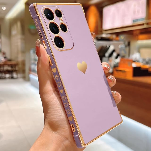 Urarssa for Samsung S22 Ultra Case Cute Bling Plating Heart Design Cases Women Girls Shockproof Bumper Silicone Slim Protective Cover for Samsung Galaxy S22 Ultra 5G, Purple