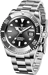 Relógio masculino com relógio mecânico automático de aço inoxidável da LIGE, relógio masculino Mergulhador à prova d 'água 100 m com mostrador de data grande e relógio de pulso luxuoso, Silver Black