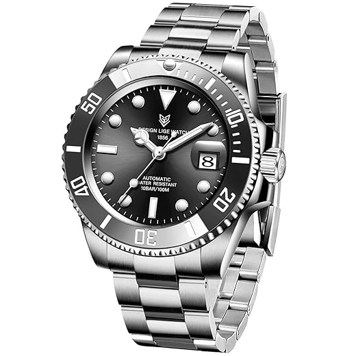 Relógio masculino com relógio mecânico automático de aço inoxidável da LIGE, relógio masculino Mergulhador à prova d 'água 100 m com mostrador de data grande e relógio de pulso luxuoso, Silver Black
