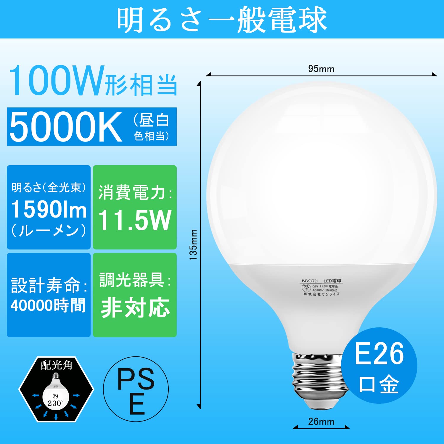 Amazon | AGOTD LED電球 E26 G95ボール球 100W形相当 11.5W 1590