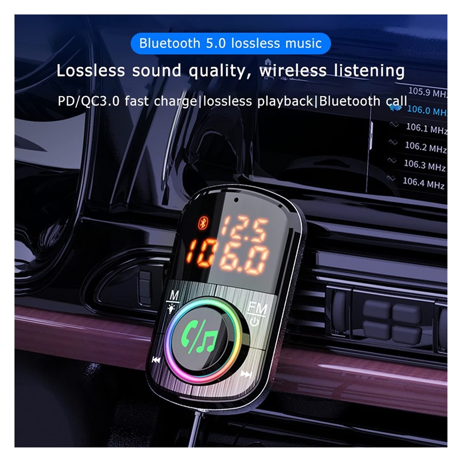 Adaptateur Audio Bluetooth Auto FÉMININ Emetteur Bluetooth V5.0 Adaptateur Radio sans Fil Musique MP3 Kit de Voiture de Joueur QC3.0 USB Type-C Charge Rapide