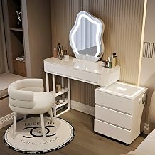 Makeup Vanity Desk Set, Modern Vanities with Wireless Charging Station and Removable Side Cabinet, Solid Wood Dressing Table with LED Smart Makeup Mirror and Makeup Chair White,40in