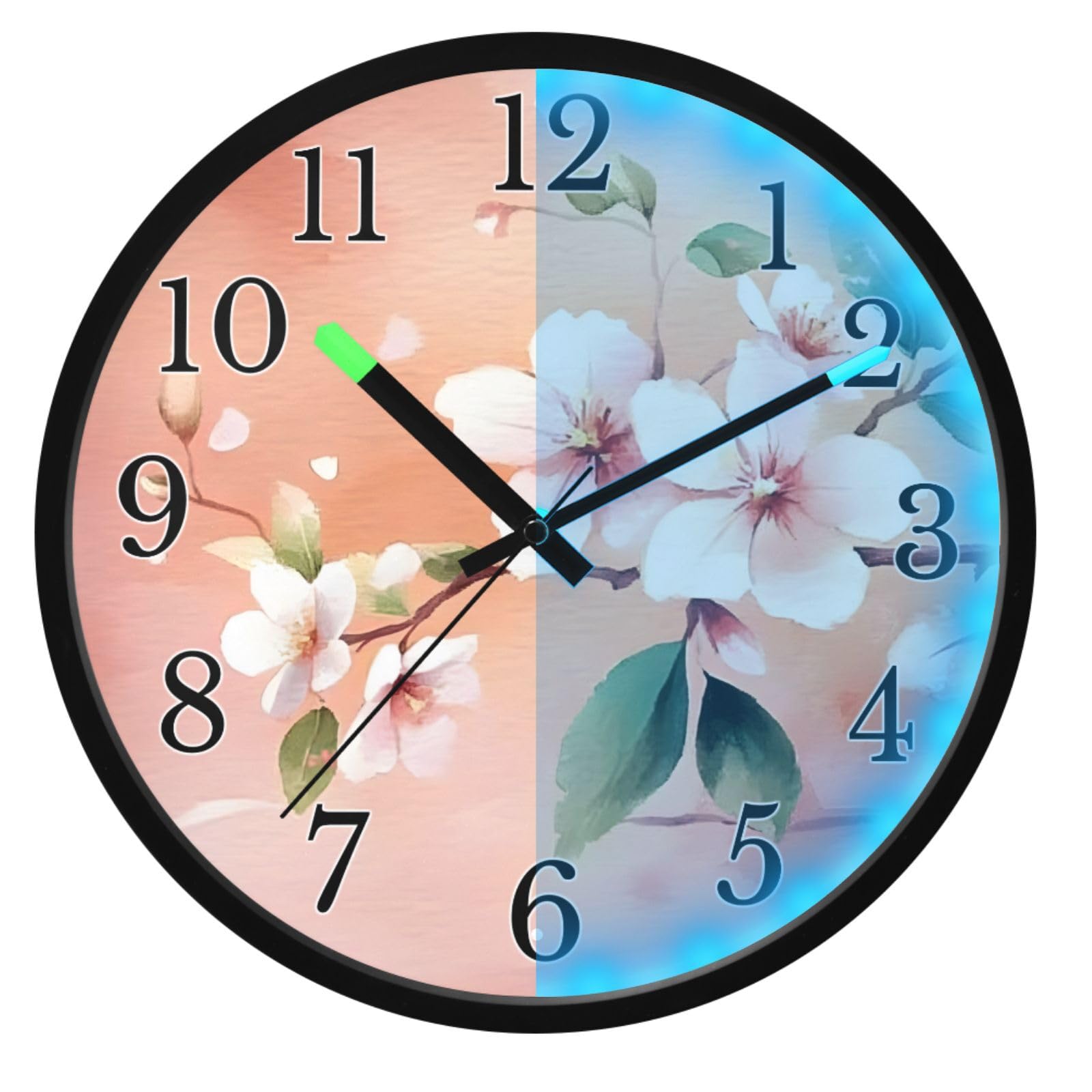 Mnsruu Reloj de pared luminoso con diseño de flores de cerezo, melocotón rosa, teñido anudado, reloj de pared que brilla en la oscuridad, funciona con pilas, reloj de luz nocturna silencioso sin