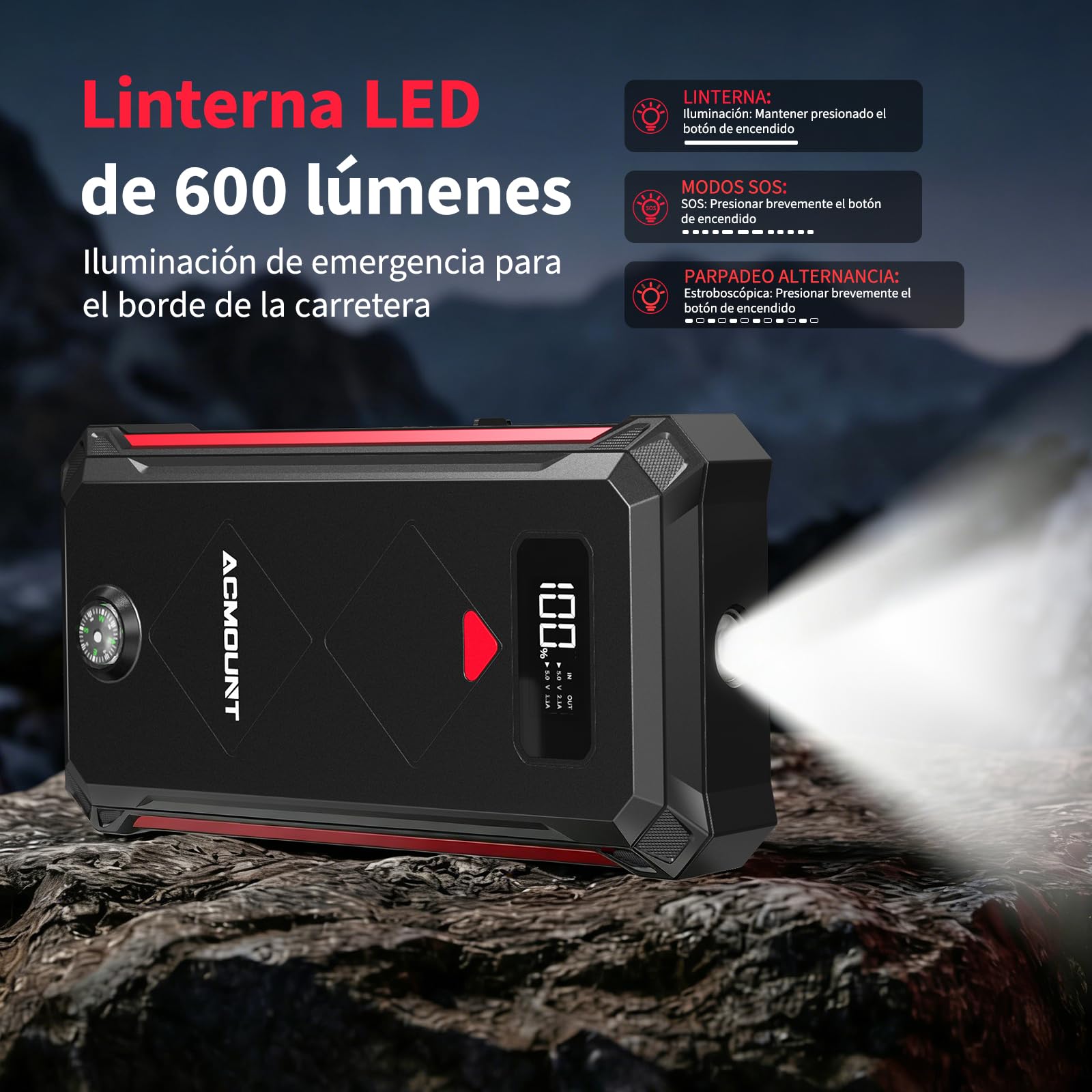 Arrancador de Coches 7000A, Arrancador de Baterias de Coche Booster Bateria 12V (hasta 12L Gasolina y 10L Diésel) con Pantalla LCD, Linterna LED de 600 Lúmenes