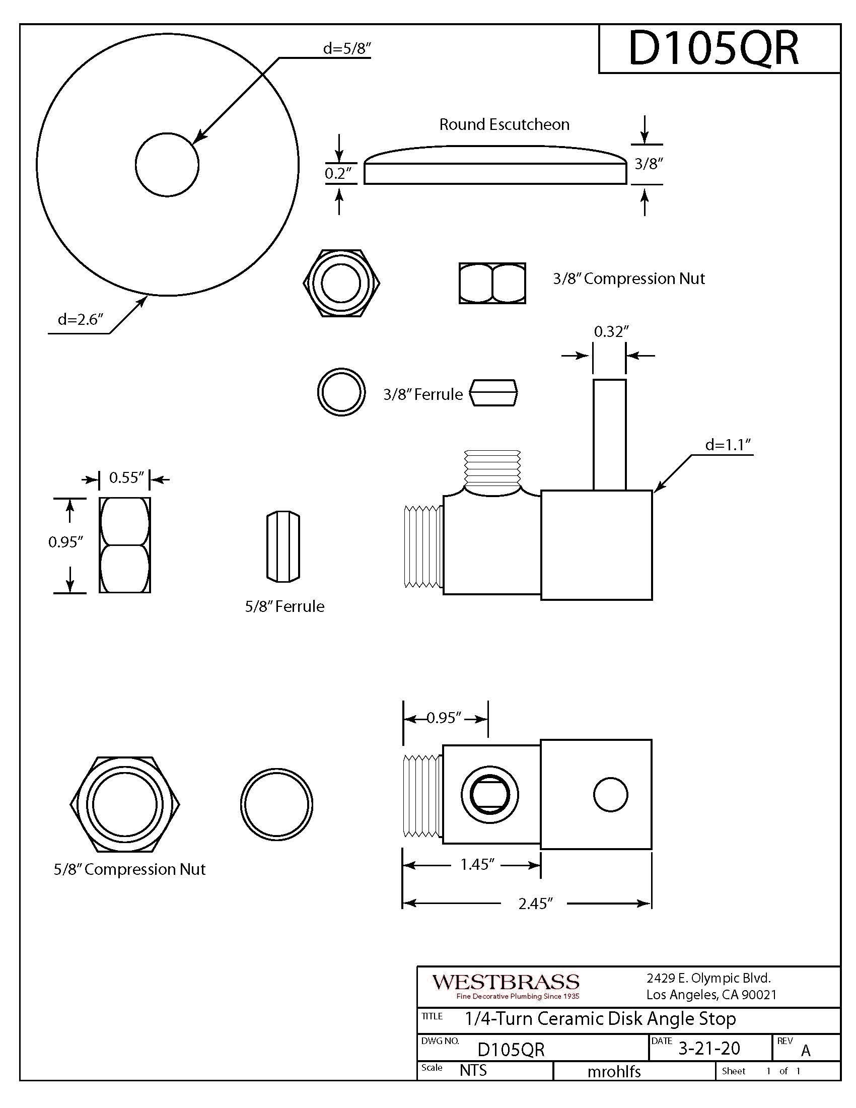 Westbrass D105QR-12 - Tope redondo de ángulo de 1/4 de giro 1/2 cobre x 3/8 comp, bronce aceitado
