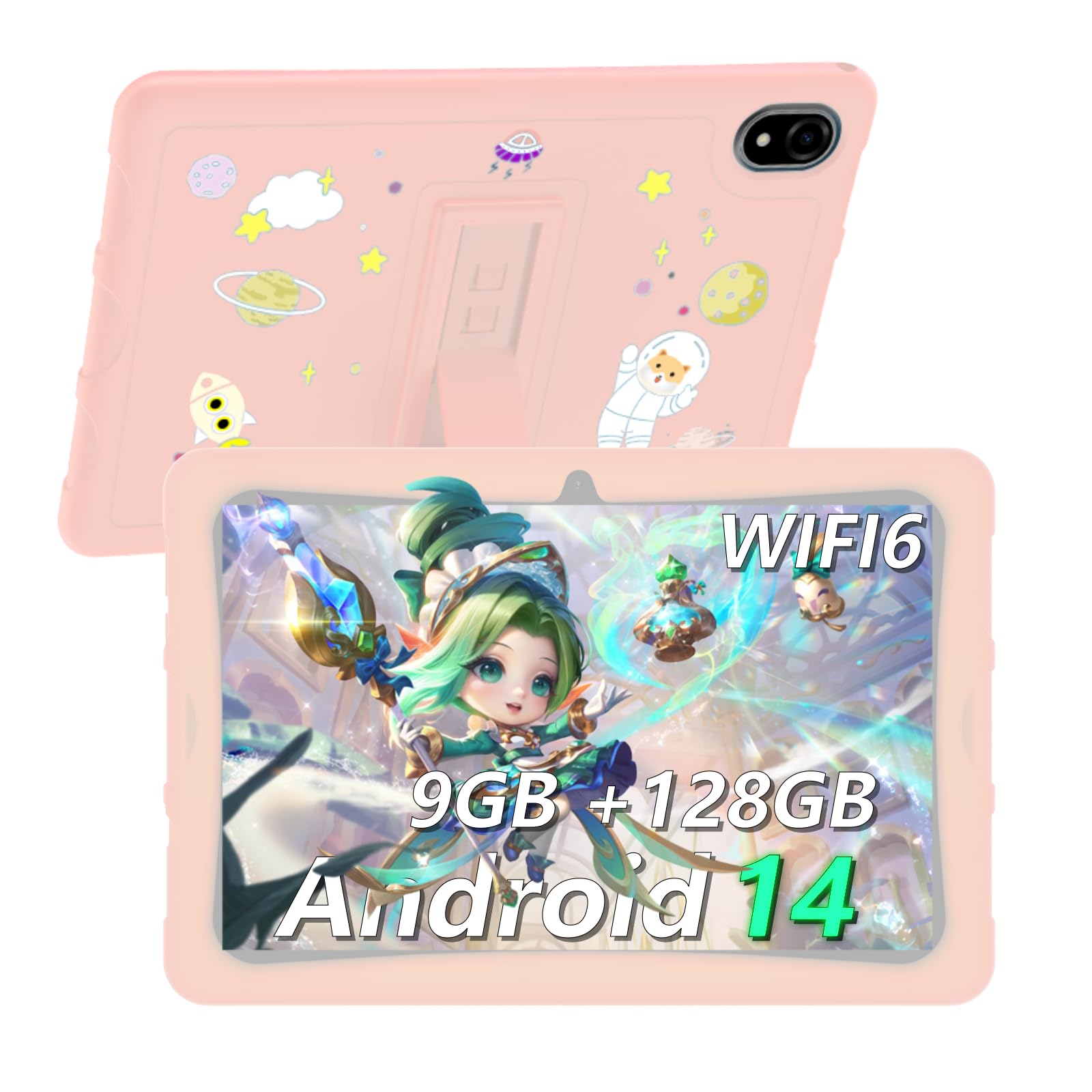 U10Kid Tablet Niños 10.1 Pulgadas Android 13, 9GB +128GB (TF 1TB), Certificado TÜV&DRM L1, WiFi 6, Bluetooth, Kids Juego Educativos, Cámara Dual, Control Parental, Kid-Proof Funda Tablet -Rosa
