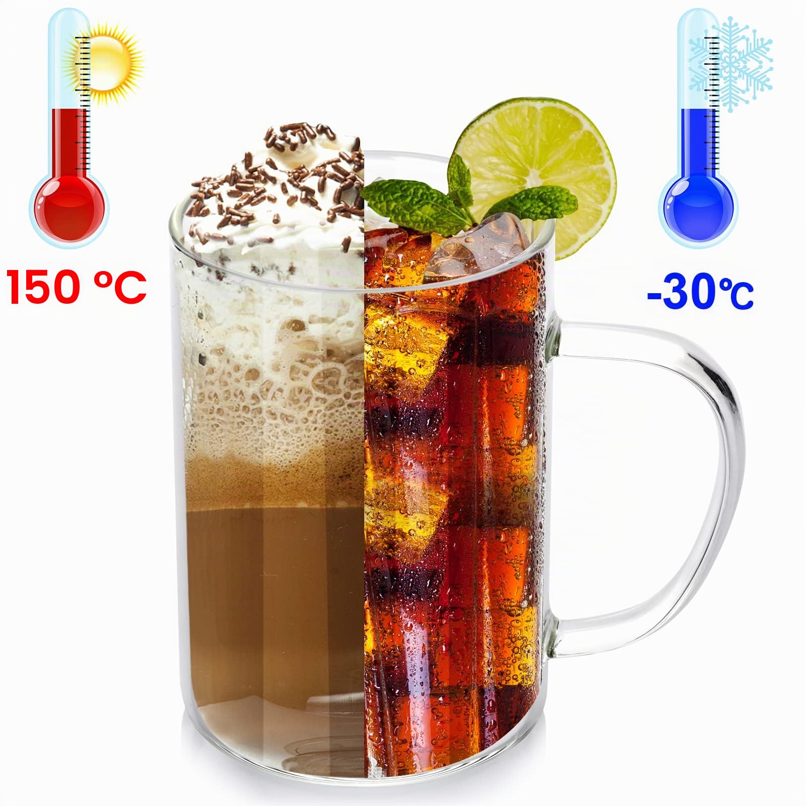 Bicchieri da caffè trasparenti, 315ml, bicchieri da bere con manico colorato, tazze da caffè resistenti al calore, bicchieri per latte macchiato, tazze da tè, per feste e ristoranti, set da 6