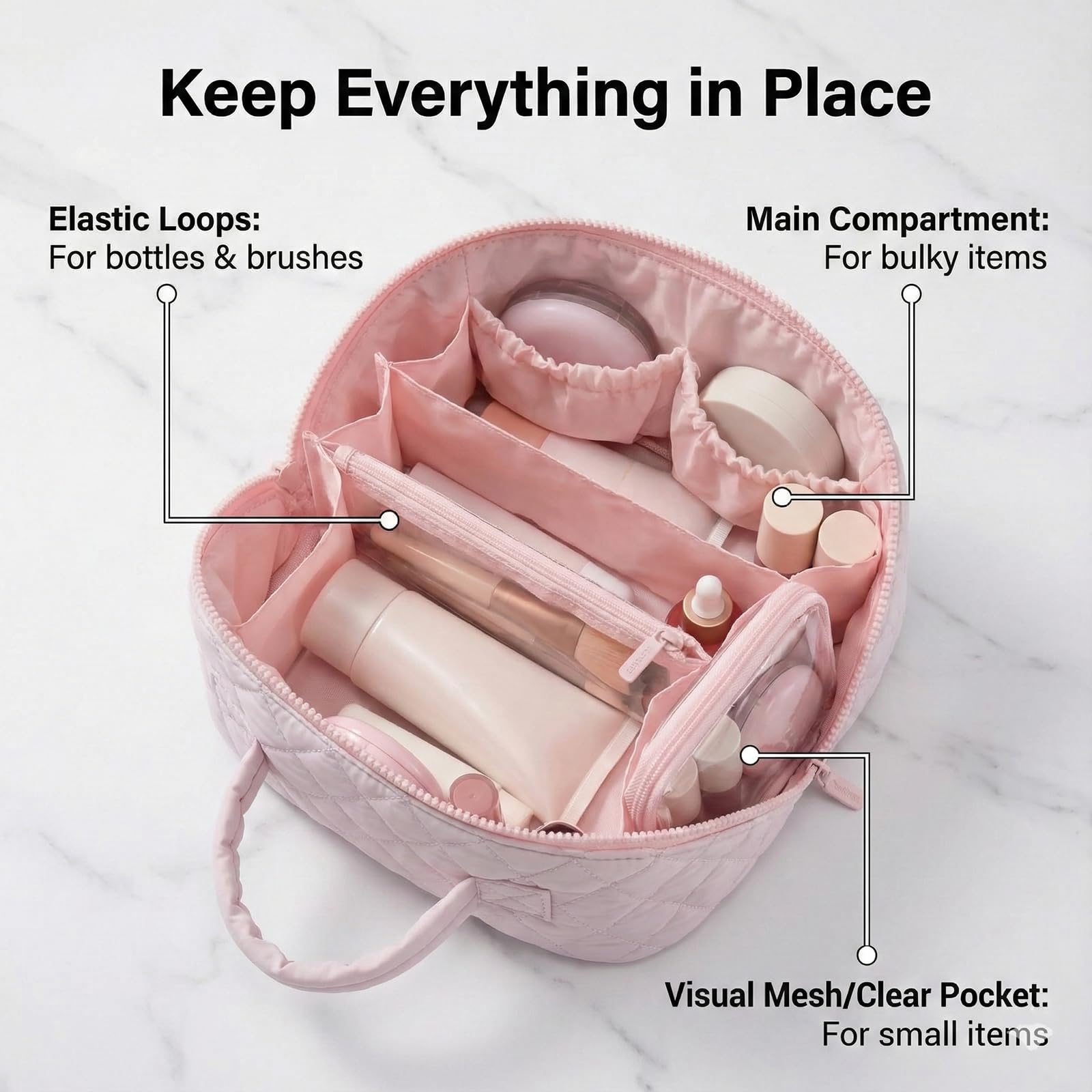 Bolsa de maquillaje de viaje y organizador de neceser, bolsa de cosméticos plana de gran apertura para mujeres de viaje y uso diario, diseño protector acolchado hinchado con compartimentos, gran
