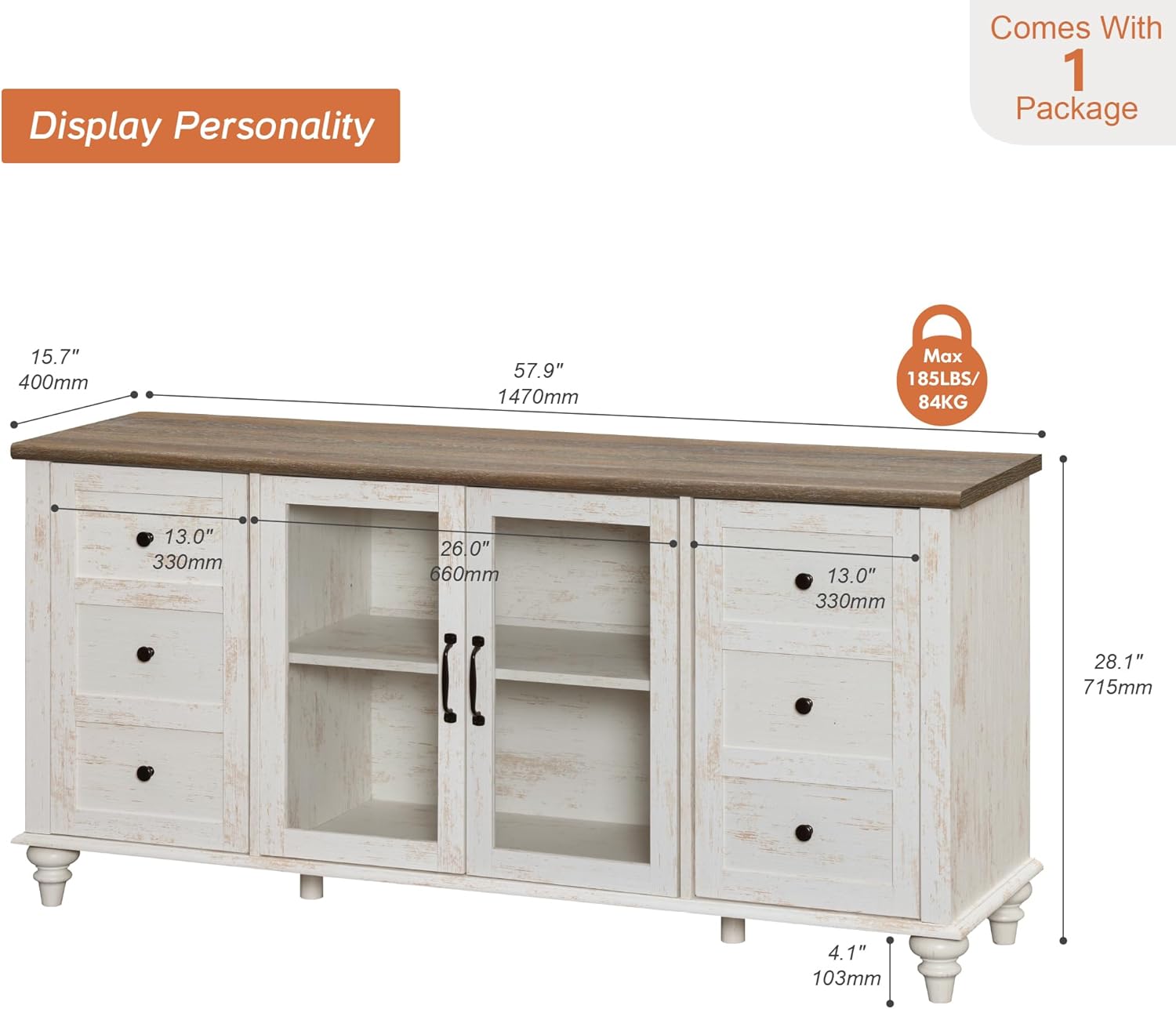 WAMPAT Farmhouse TV Stand for 65 inch TV, Wood TV Cabinet with Glass Door & Adjustable Shelf, Rustic Television Stands for Living Room Bedroom, 58 Inch, Antique White