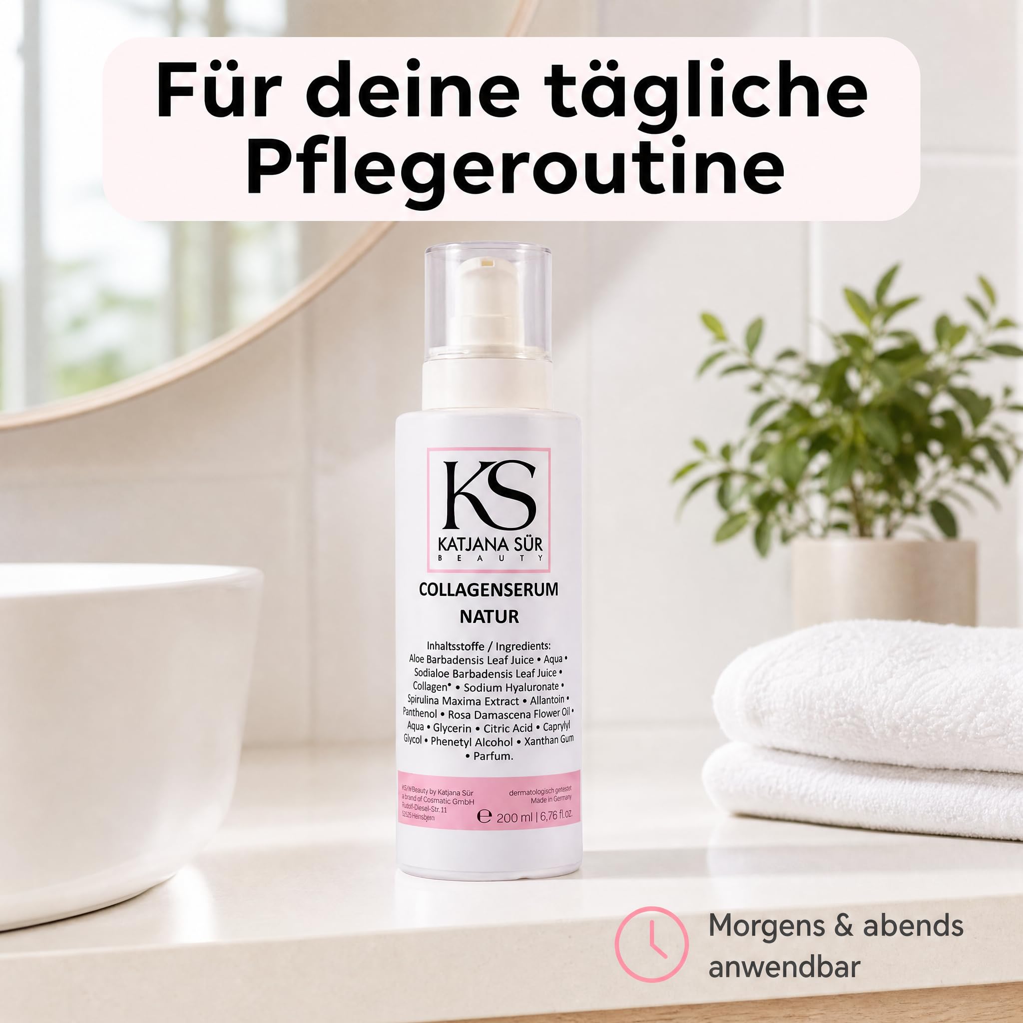 KS Beauty Collagen Serum Natur, Hyaluron & Aloe Vera, 200 ml | Feuchtigkeitsserum für Gesicht mit Rosenöl, Spirulina & Panthenol – dermatologisch getestet, Made in Germany