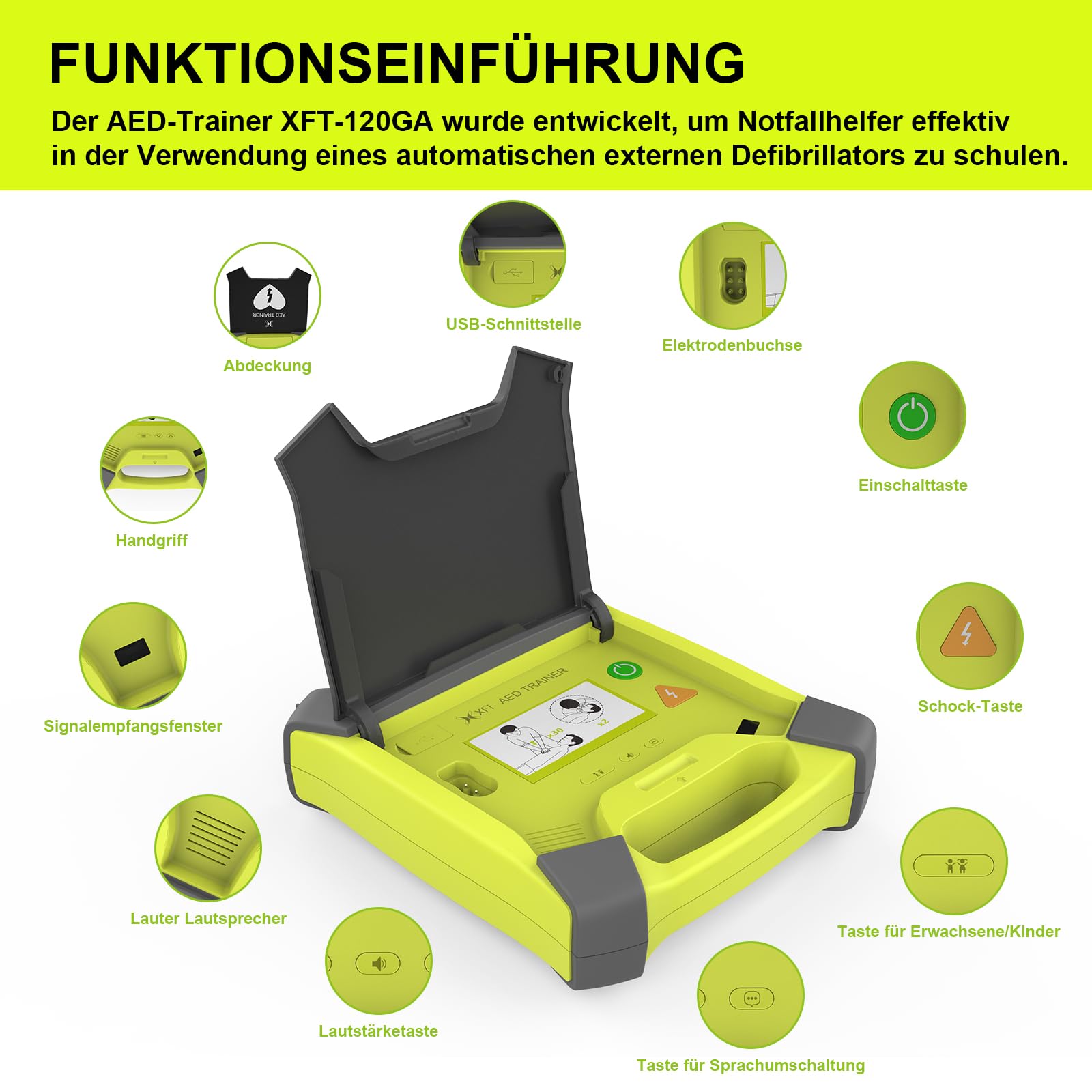 AED-Trainer XFT 120GA, Erste Hilfe Teaching Trainingsgerät, 8 Verschiedene Szenarien, Deutsch, Französisch, Spanisch und Italienisch Sprachansagen mit Fernbedienung