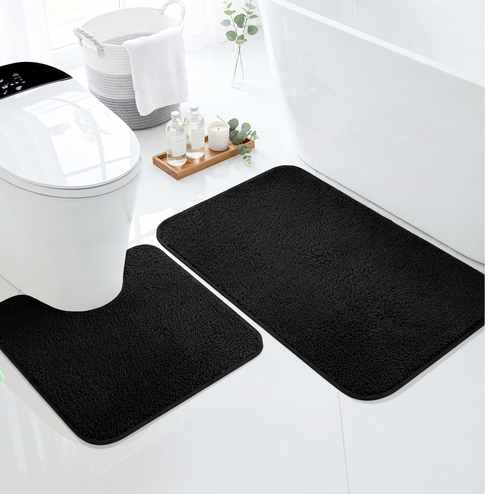 LUSCHEER 2 Piece Bath Mat Set, Shaggy Microfiber Bathroom Mats, Black