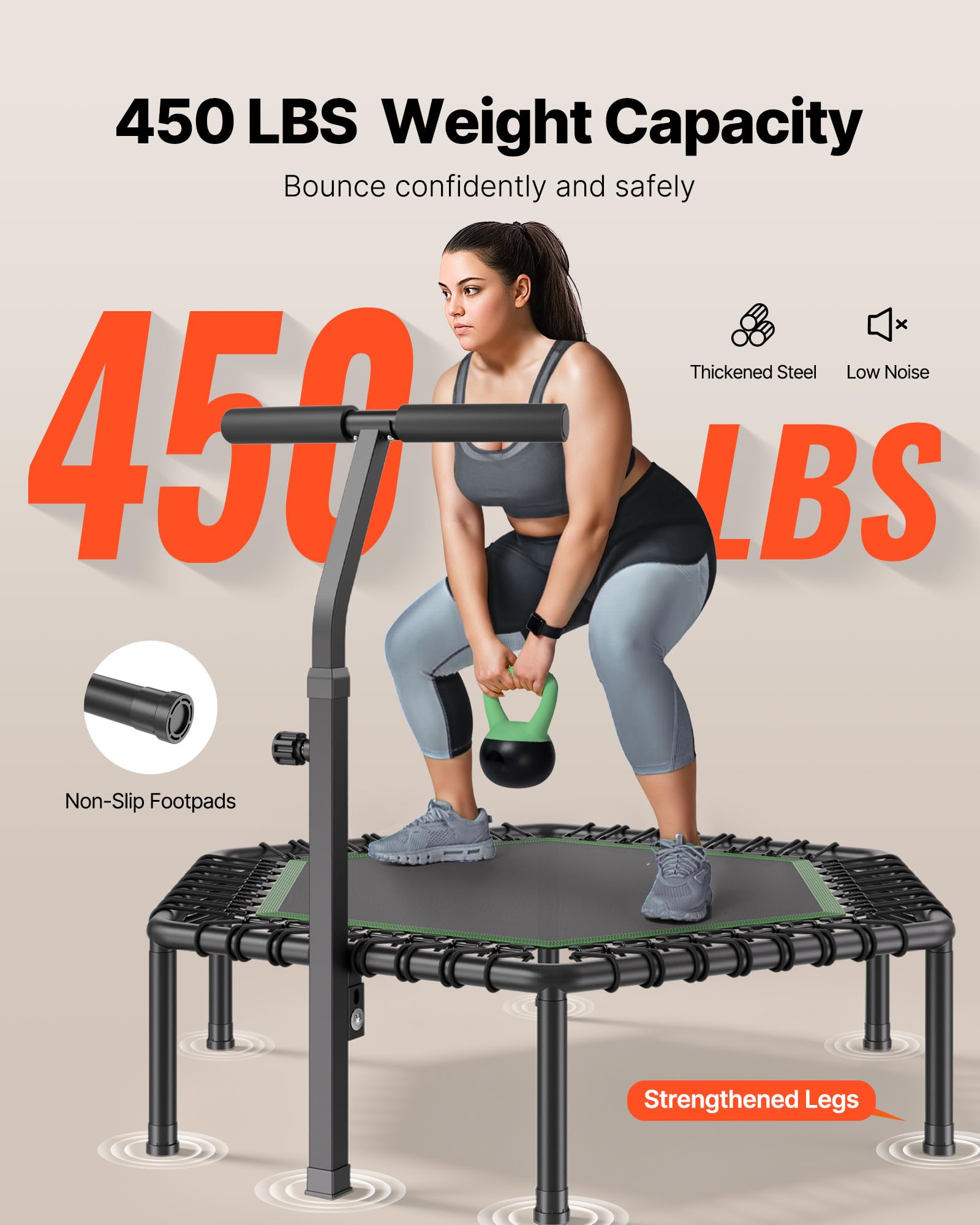 VEVOR Mini Trampolino per Fitness Esercizi da Interno 1385 mm, Trampolino Elastico Carico max 205 kg Altezza Regolabile a 3 Livelli con Maniglia in Schiuma per Esercizi Allenamento Salto per Adulti