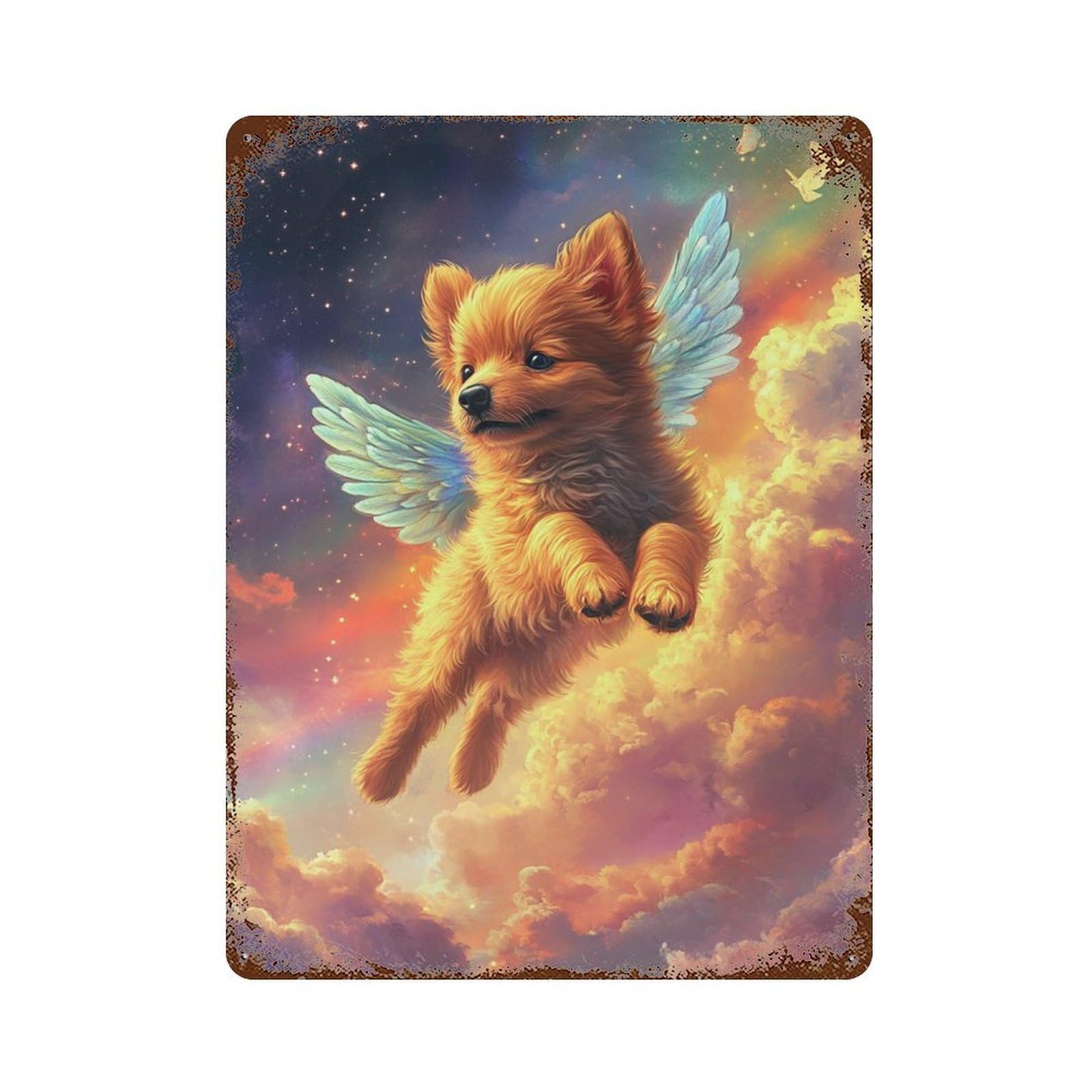 Garage Style Flying Angel Puppy in Clouds Aged Metal Wall Plaque 15.7"x11.8", Vintage Wall Decor for Bar And Workshop