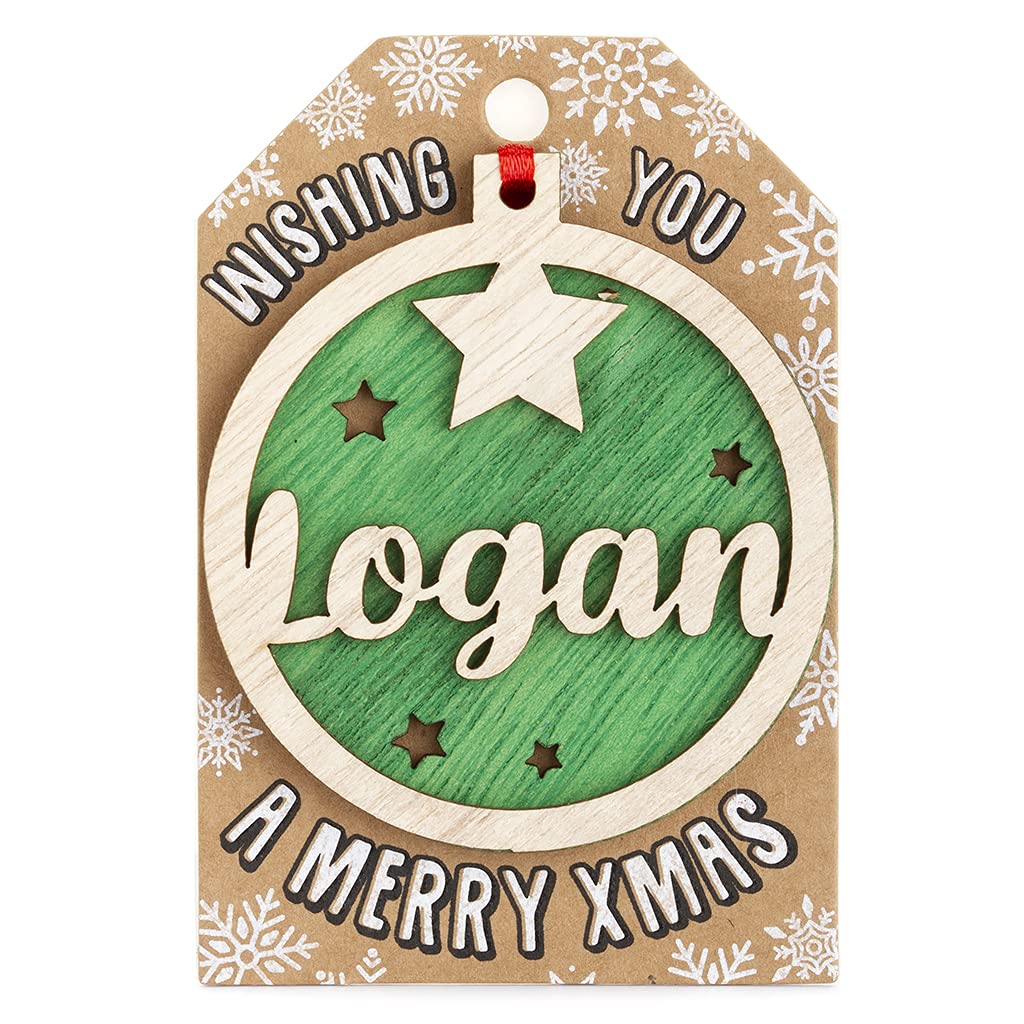 Stands Out, Supplying Outstanding Gifts Logan Personalised Wooden Name Green Hanging Christmas Tree Bauble Decoration