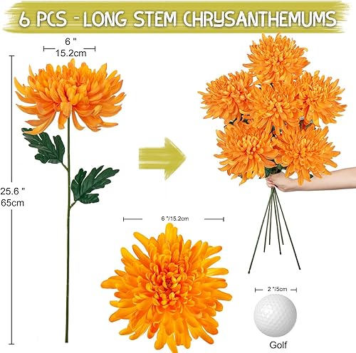 Miniatura 3 de Briful Flores artificiales de crisantemo de cabezas grandes de 6 pulgadas, 6 tallos de 26 pulgadas, ramo de flores falsas de seda naranja para