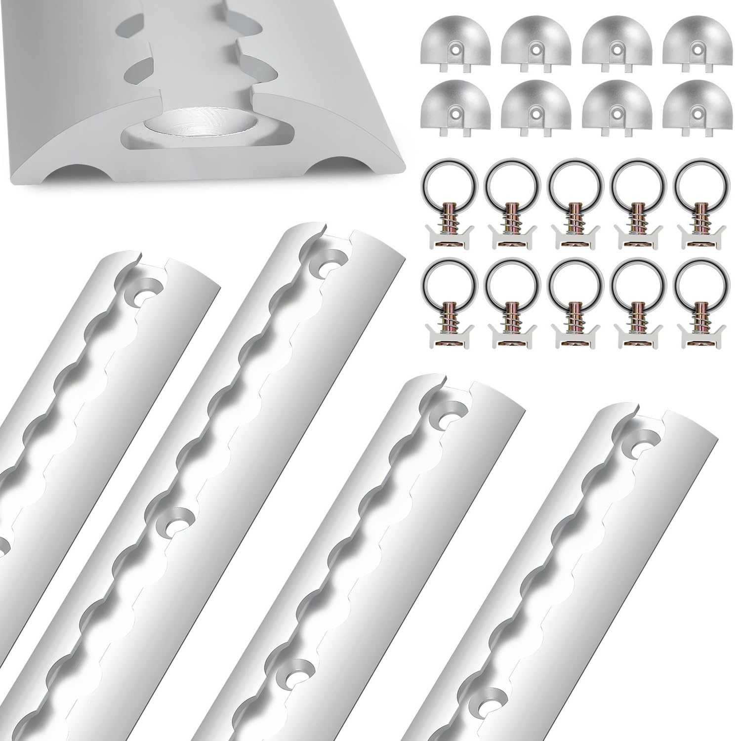rail d'arrimage rond en aluminium, 4 x 1 m, forme semi-circulaire, 10 anneaux de montage, 8 embouts de rail d'avion, pour camping-cars et camions, argent