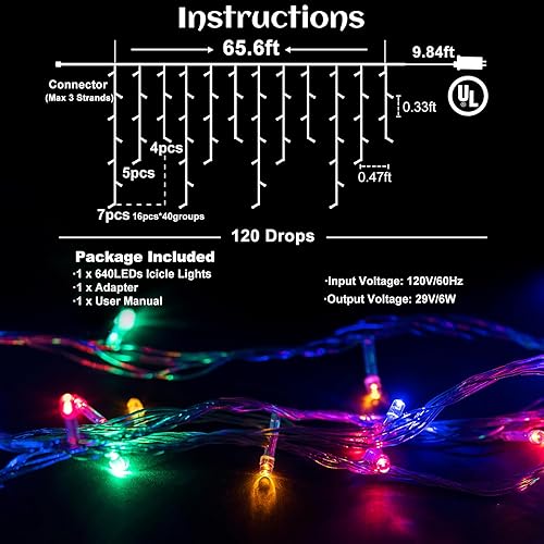 Vista 5 de Icicle lights Outdoor - 66ft Christmas Lights with 640LED 120 Drops 8 Modes, Plug in Curtain String Lights Waterproof for Holiday Wedding Party Home