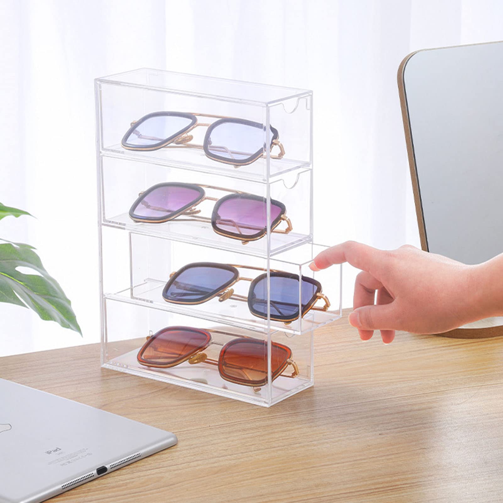 Organizzatore Per Occhiali Da Sole In Acrilico Trasparente Con 4 Scomparti E Coperchi Per Cassetto O Scrivania