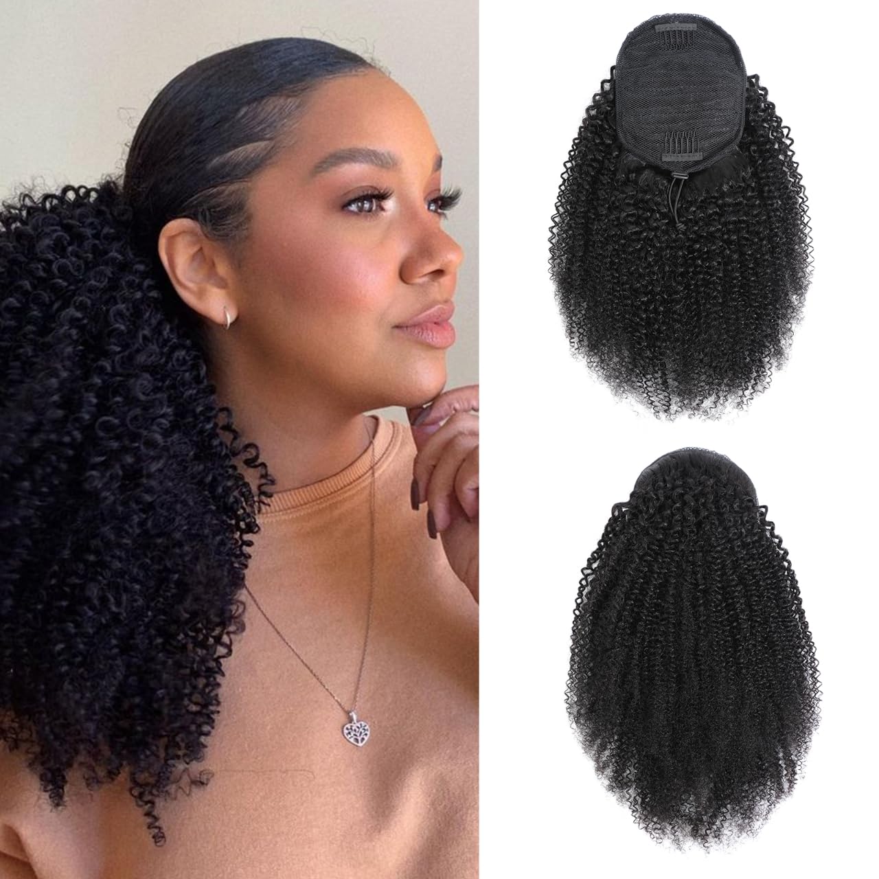 Afro Kinky Curly Human Hair Ponytail Extension with Drawstring