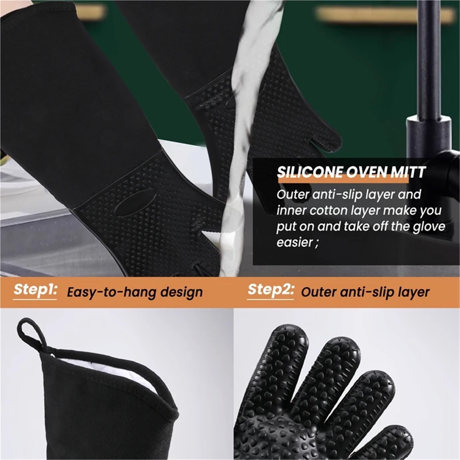 MRKU Guantes de Cocina extralargos de Silicona Profesional, Resistentes al Calor, con Forro Interior de algodón.