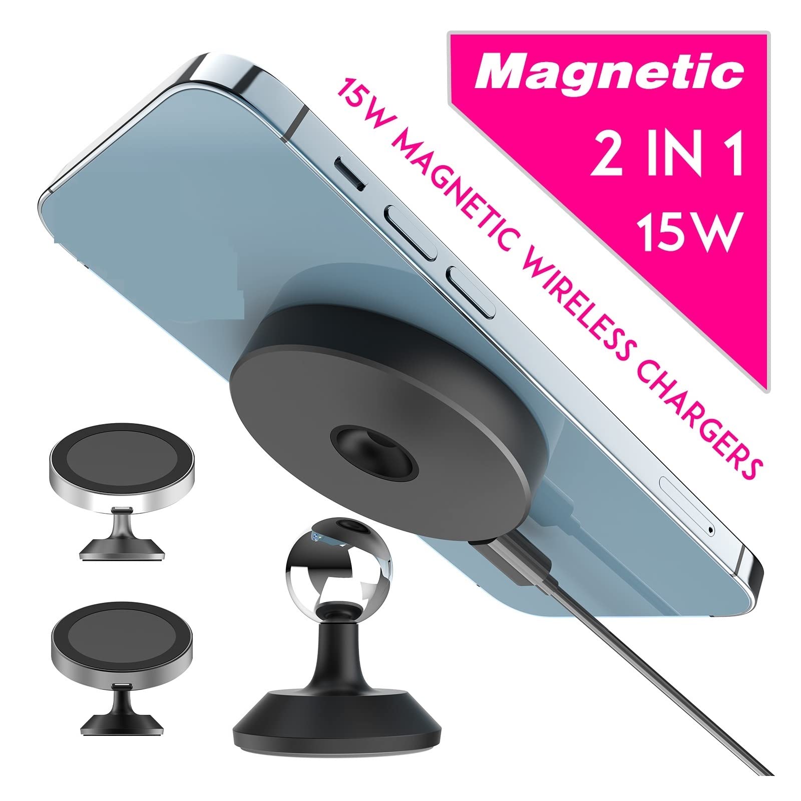 2in1 15W caricatore senza fili magnetico Qi dell'automobile for il telefono,Compatibilità universale(Noir)