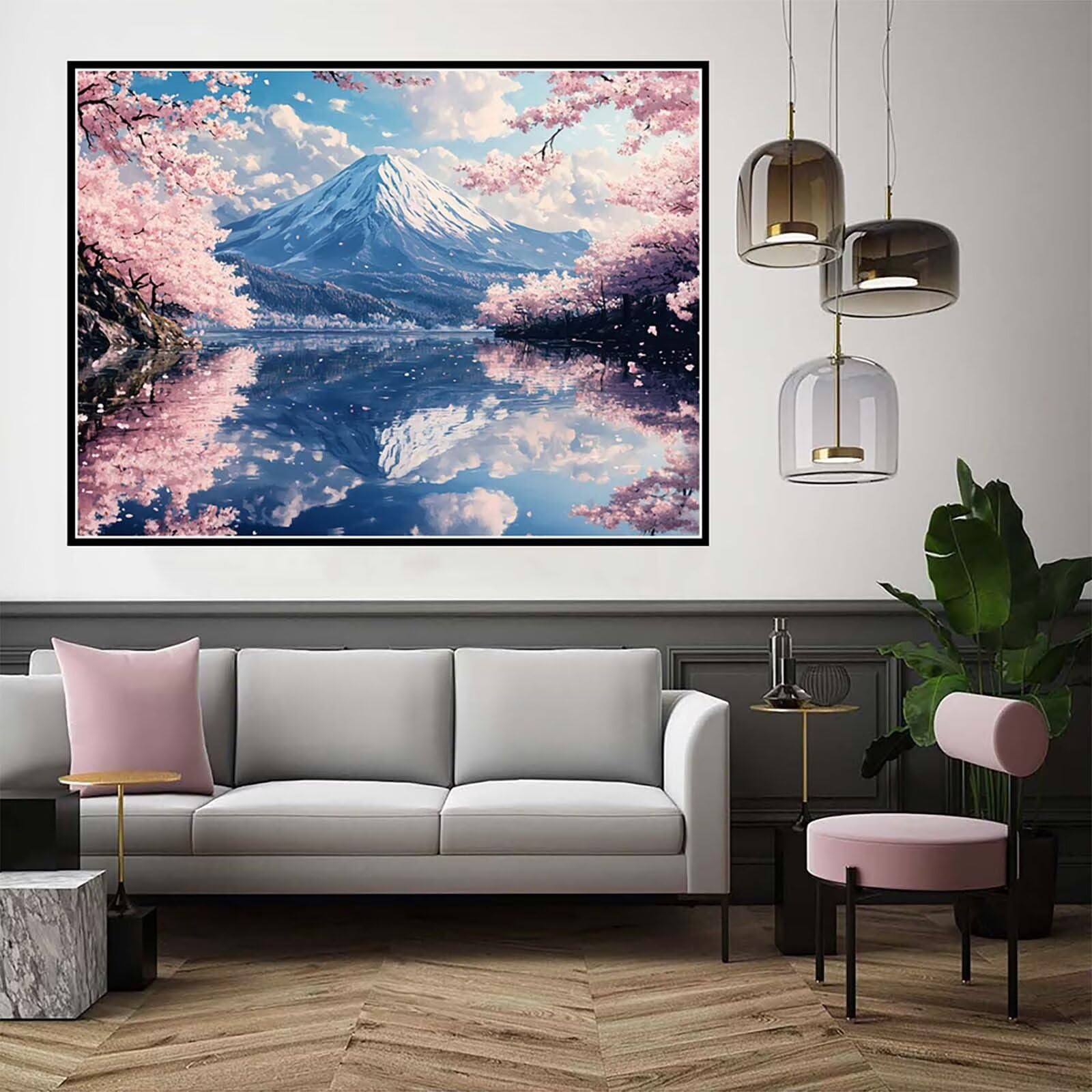 Malowanie według numerów Mount Fuji Malowanie według numerów dla dorosłych, Malowanie według liczb Kwiaty wiśni Paint by Numbers Adult z 3 pędzlami Akrylowy obraz do dekoracji domu, Prezent 80x60cm