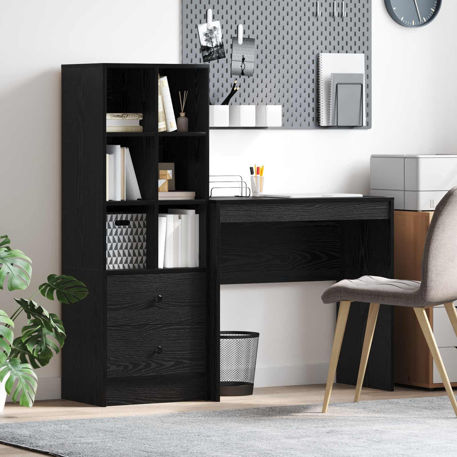 Schreibtisch mit Schubladen und Regal in Schwarz Eichen-Optik, 125,5 x 40 x 127 cm, Holzwerkstoff, 2-teiliges Set für Büro, Homeoffice, Arbeitszimmer mit Stauraum und Ablage