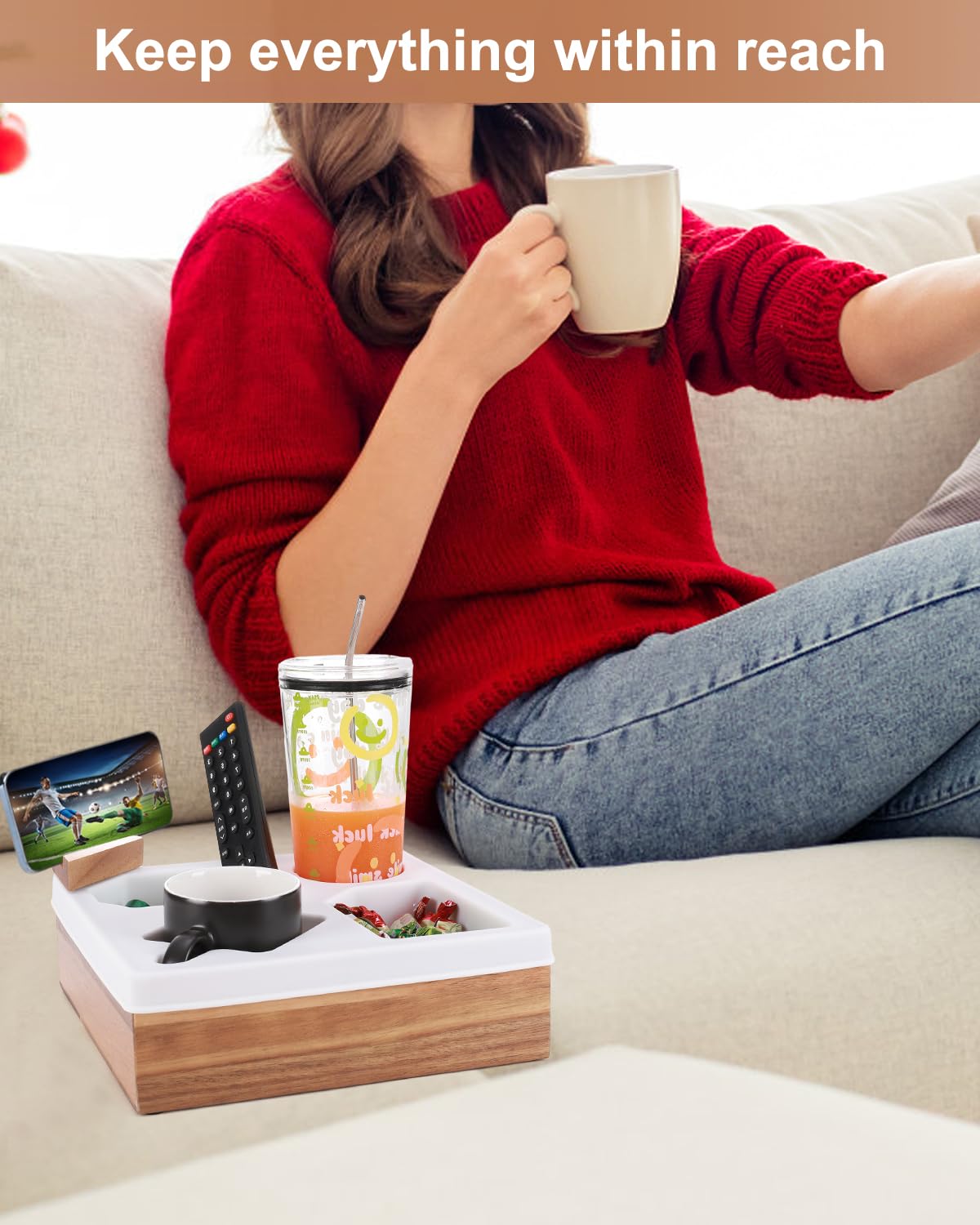 Couch Cup Holder Tray, Silicone Acacia Wooden Couch Caddy with Cup Holder for Snacks, Drinks, Remotes, Waterproof Cup Holder for Couch, Organizer, Couch Drink Holder, Pillow
