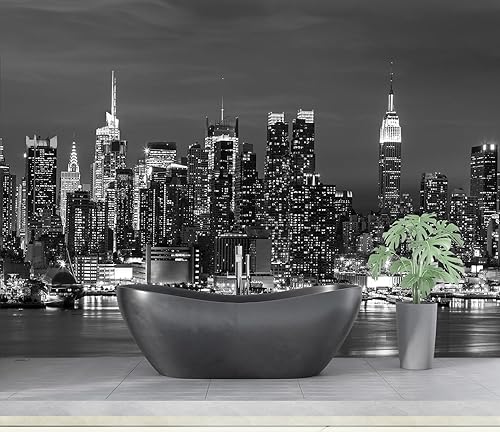 Miniatura 2 de YQWDMX - Papel tapiz con vista nocturna de la ciudad en blanco y negro para decoración de pared de fondo de baño (no despegar ni pegar)