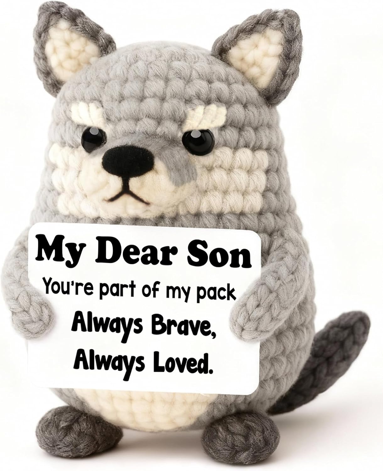 Valentine’s Day Gift for Son or Teen Boys from Mom or Dad – Handmade Crochet Wolf Plush with Encouragement Card, Cute Small Stuffed Animal for Boys, 3 inch Mini Desk Décor