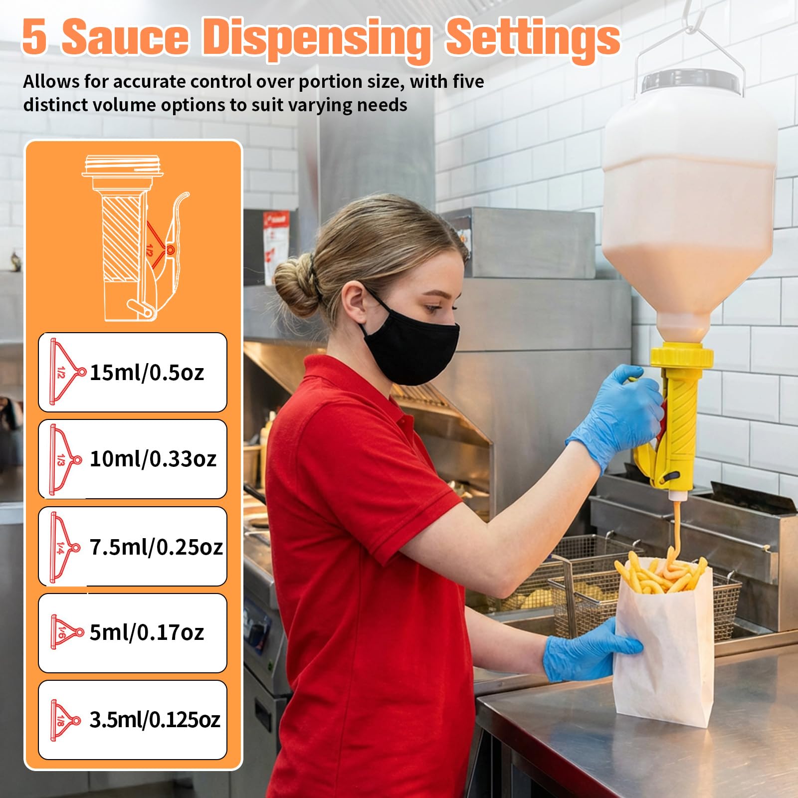 Distributeur de sauce suspendu de 5,5 l avec 5 sorties réglables, grande capacité, pour ketchup, moutarde et confiture, distributeur à suspendre pour les cuisines commerciales, les plats à emporter et