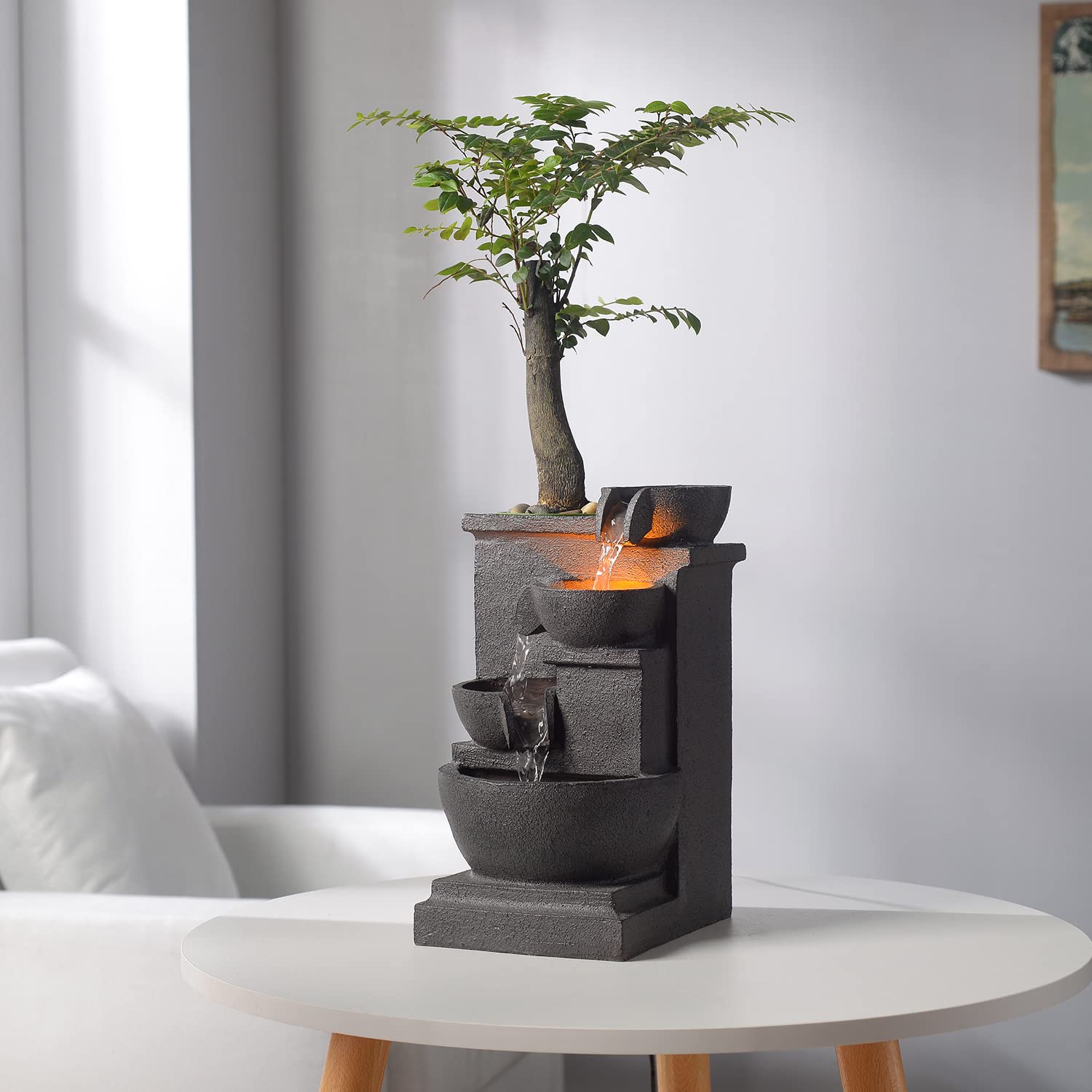 Haobos Tabletop Fountain Indoor 3-Tier Flowing Bowls Soothing Waterfall Sound Fountain Desktop Decoration with LED Light for Office and Home Relaxation(22032)