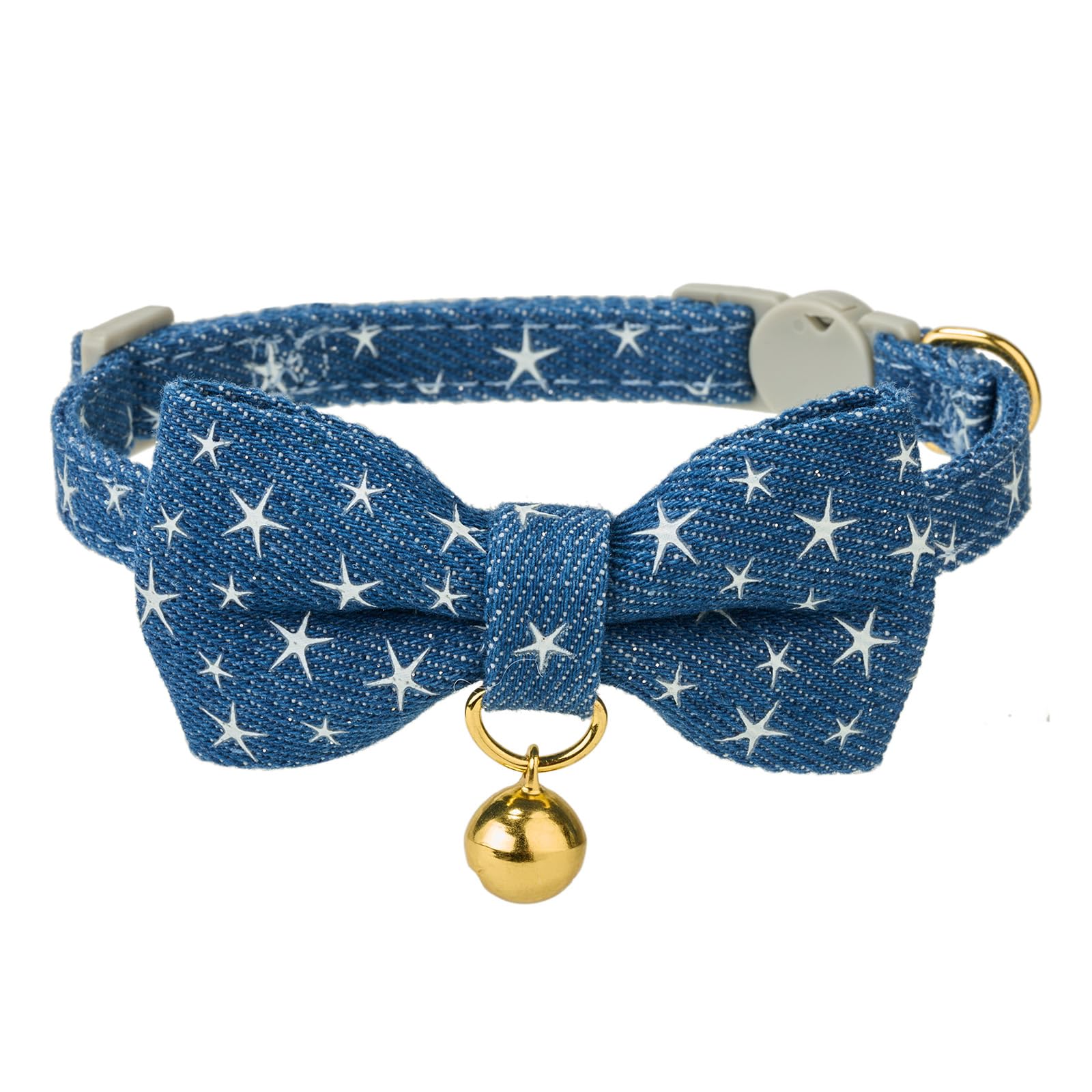 Petiry Glow in The Dark Cat Collar with Stars - Denim Breakaway Collar for Boy Cats, Adjustable Vintage Blue, Includes Bow Tie & Bellt,Pack of 1,Dark Blue — image 1