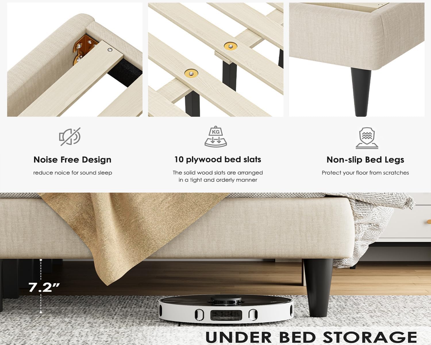 Full Size Bed Frame with Upholstered Headboard, Beige Linen Platform Bed Frame Full Size, Wood Construction with Non-Slip Legs, 7.2 Inch (Full Size)