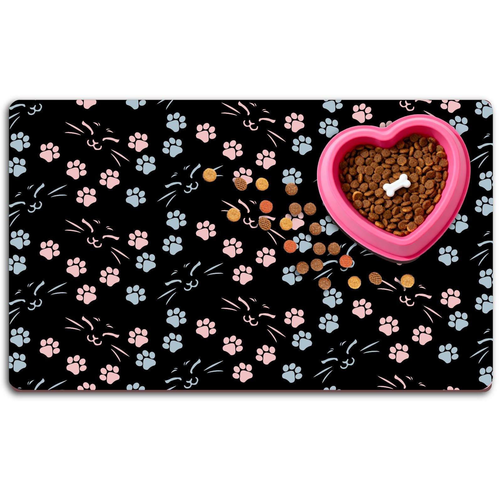 PRESSINART Dog Bowl Mat Paw Print 20 x 12 Inch Pet Feeding Placemat Black Paw Print Pattern Rectangle Diatomaceous Earth Absorbent Quick Dry Dog Feeding Mat Protect Floors for Food and Water Supplies