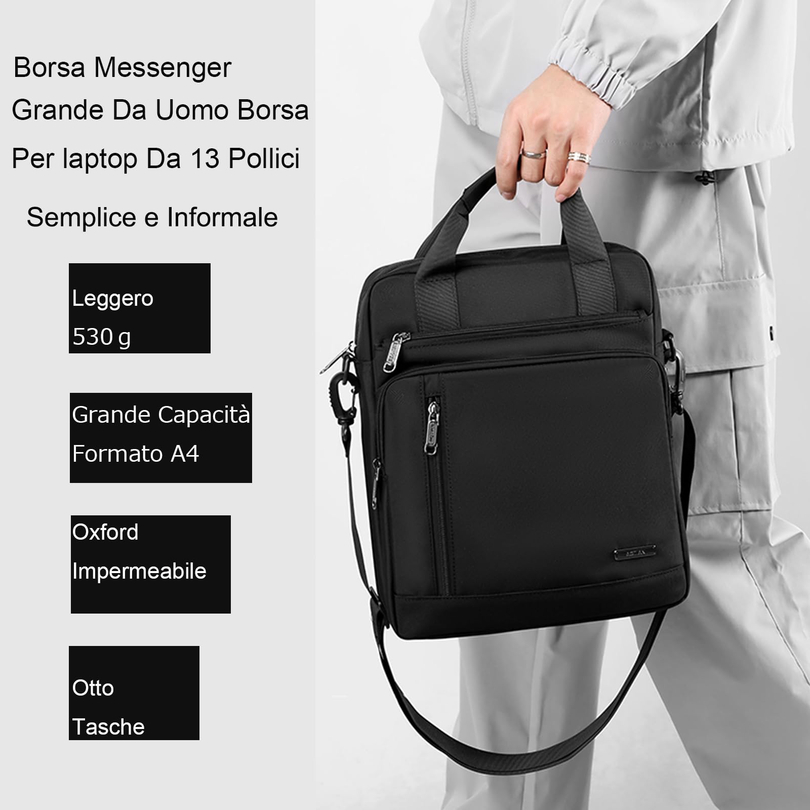 zhongningyifeng Borsa messenger da uomo per computer portatile da 13 pollici Oxford grande borsa a tracolla Business impermeabile casual nera borsa a tracolla per lavoro viaggi all'aperto, nero