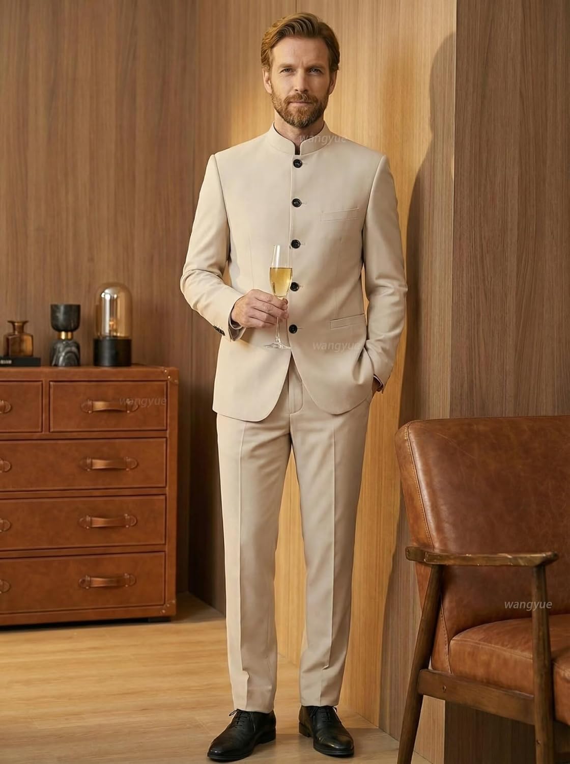Wangyue Chinese Suit for Men 2 Piece Suits Slim Fit Chinese Tunic Suits Stand Collar Weddig Prom Suit Blazer Pants Set