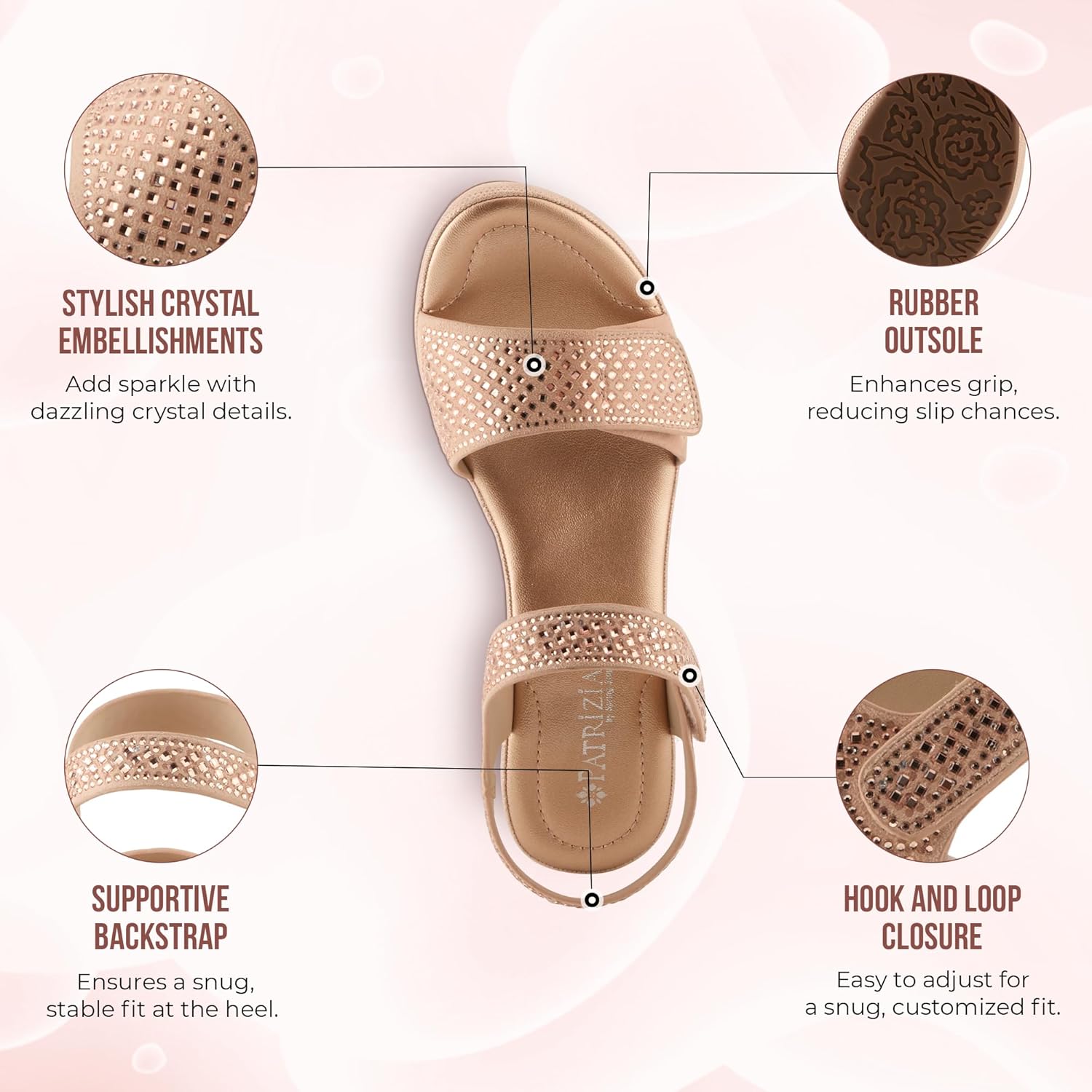 PATRIZIA Women's SHINE Hook and Loop Platform Heels - Microsuede Upper, Crystal-Adorned Straps, Adjustable Fit - Image 6