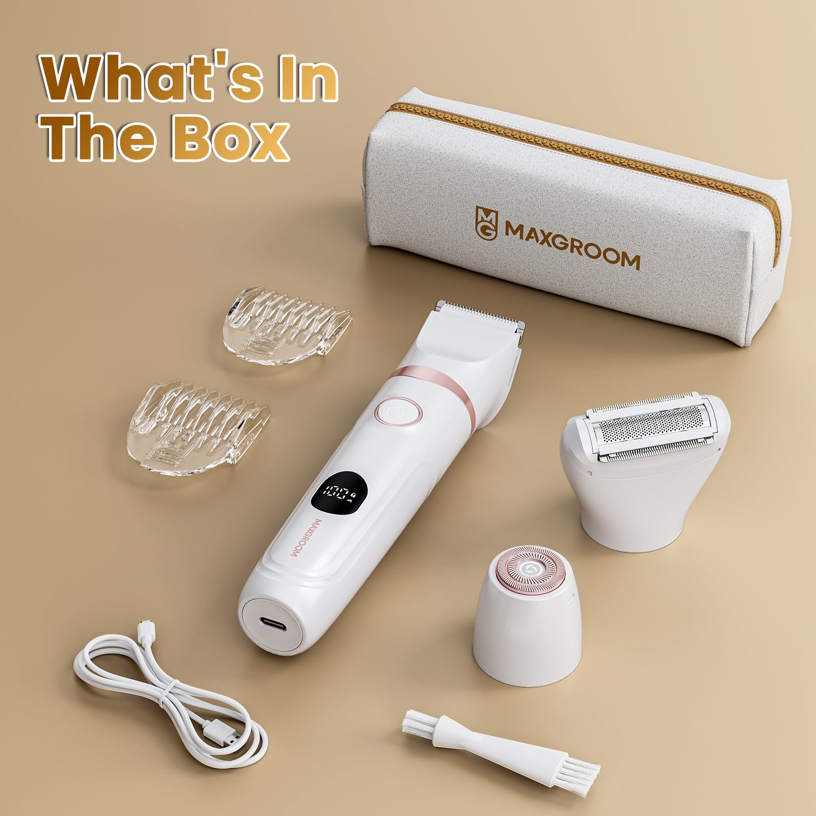 MAXGROOM Rasoir Electrique Femme, 3 en 1 Tondeuse Intime Femme Humide/Sec, Rasoir Électrique avec Affichage LED, Lame Céramique & 4 Peines, Épilateur Électrique pour Visage, Maillot, Aisselles, Jambes