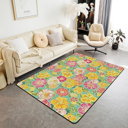 Feelyou Kids Pop Flower Area Rug 5x7 Groovy Style Living Room Rugs for Boys Girls Room Decor Vintage 60s 70s Flower Decorative Carpet Indoor Floor